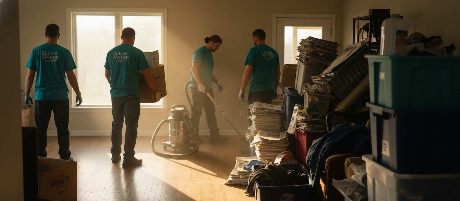 Professional hoarding cleanup crew transforming a cluttered home