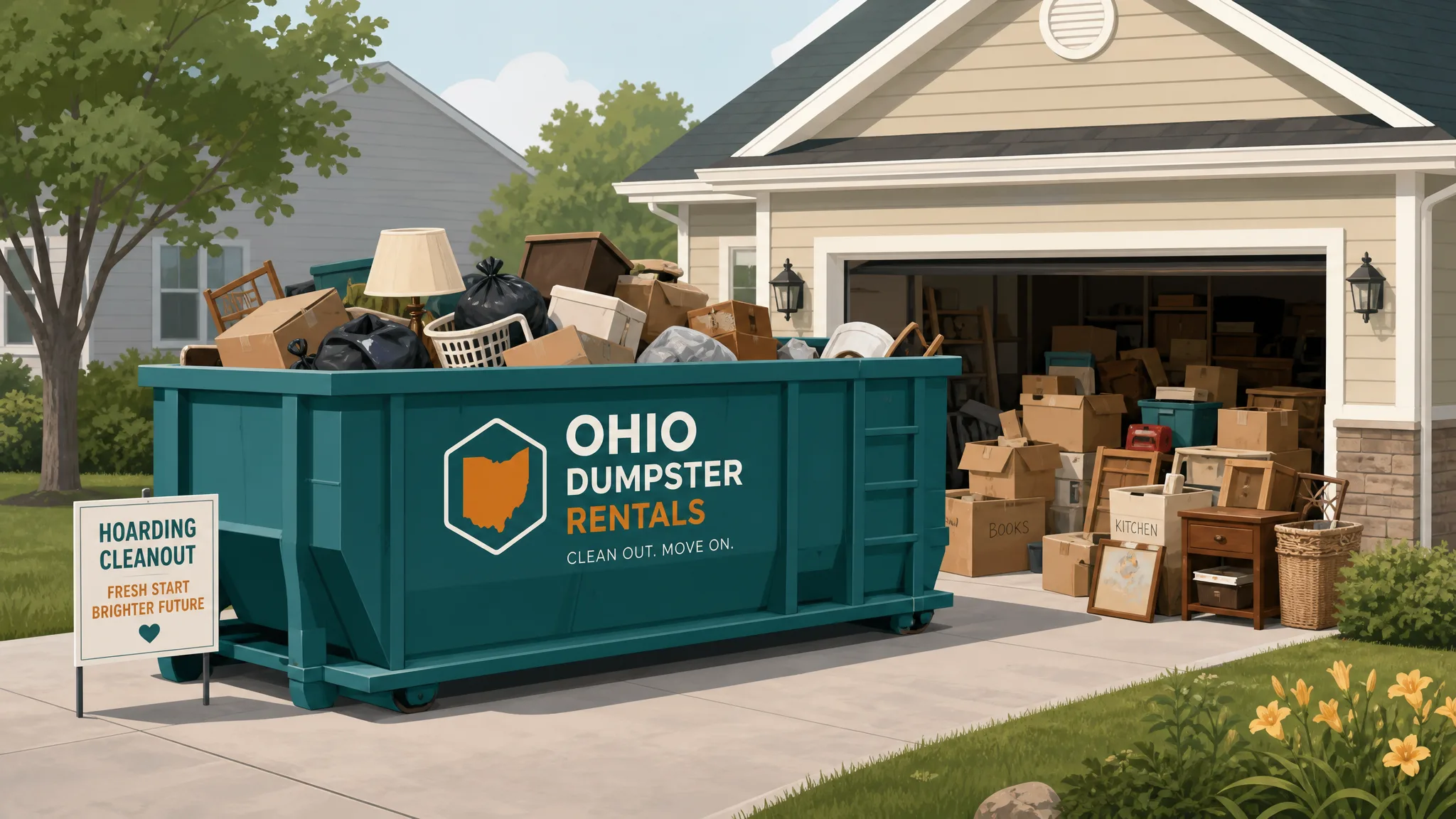 Roll-off dumpster in the driveway of an Ohio home being filled with clutter during a hoarding cleanout