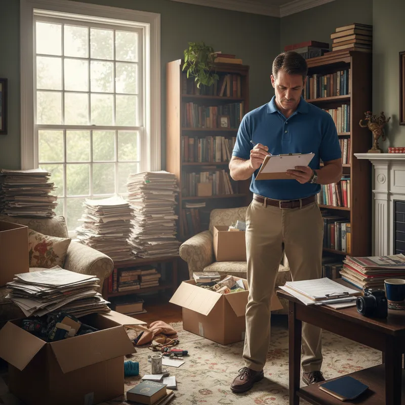 Professional assessor with clipboard inspecting a cluttered room during initial evaluation