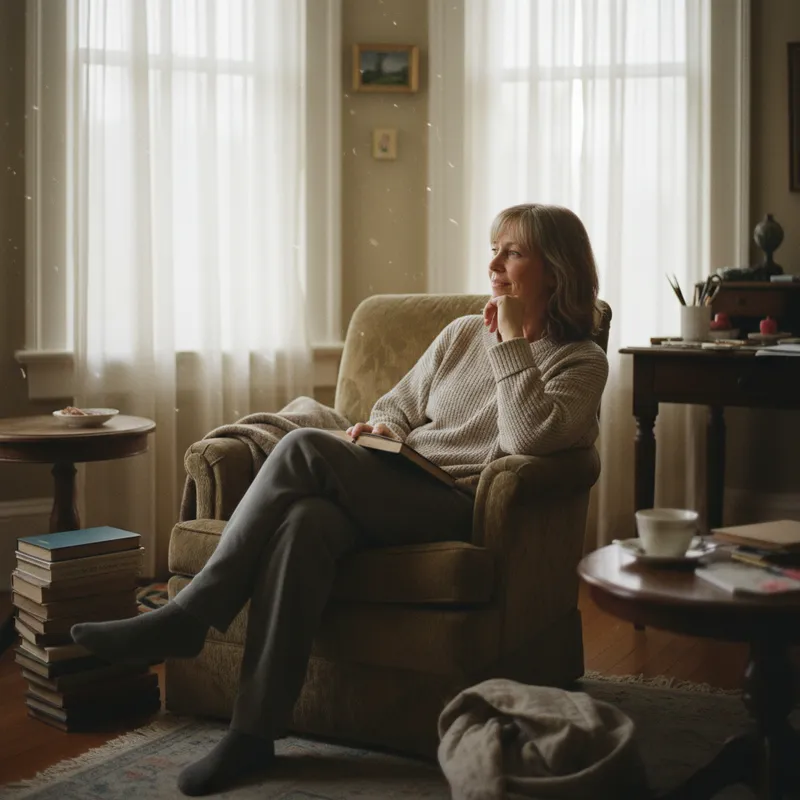 Person sitting thoughtfully by a window, contemplating mental health and hoarding