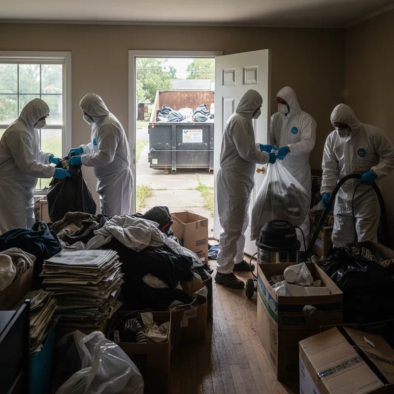 Professional hoarding cleanup crew in PPE working inside a cluttered home