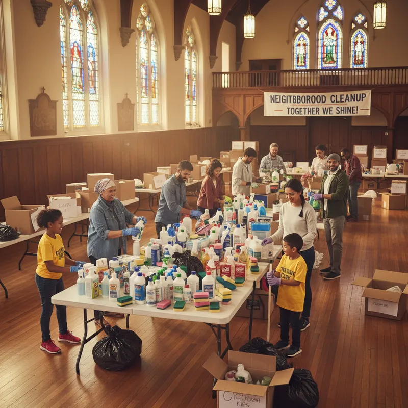 Community members organizing donated supplies for a cleanup effort