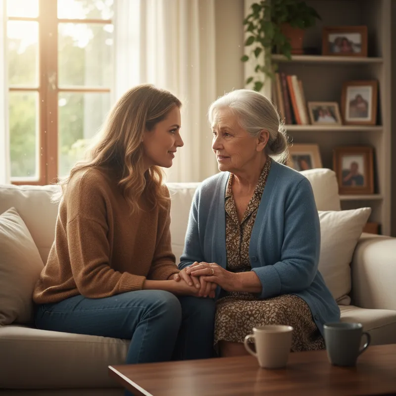 Adult daughter having a caring conversation with elderly mother on a couch