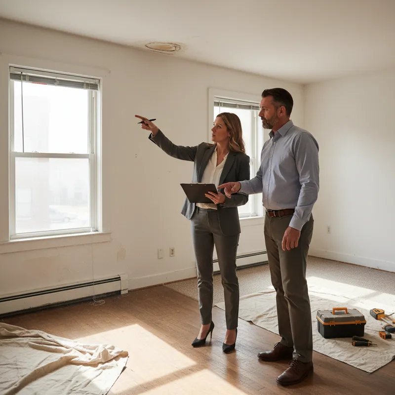 Landlord and property manager inspecting rental apartment with hoarding conditions