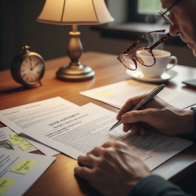 Close-up of hands reviewing a residential lease agreement document