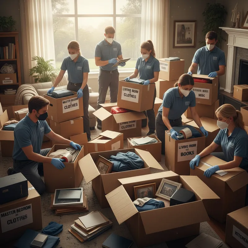 Workers carefully packing and labeling boxes during organized hoarding cleanup