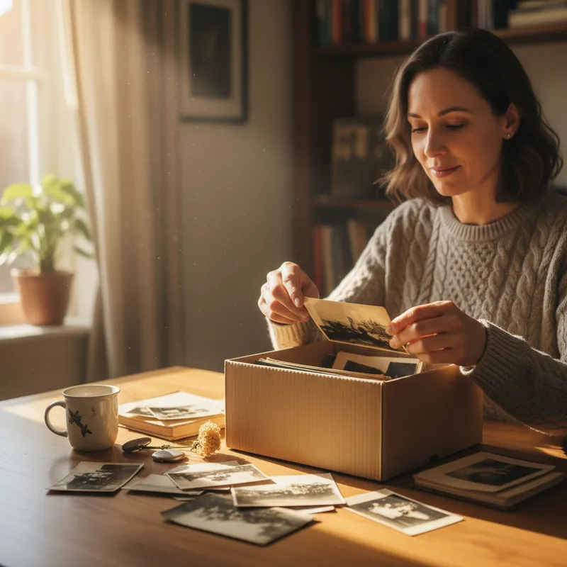 Person calmly sorting through personal items at a table as part of recovery