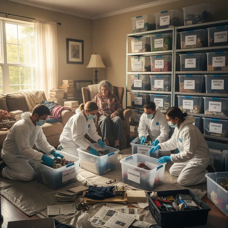 Workers carefully sorting personal items into labeled bins during hoarding cleanup