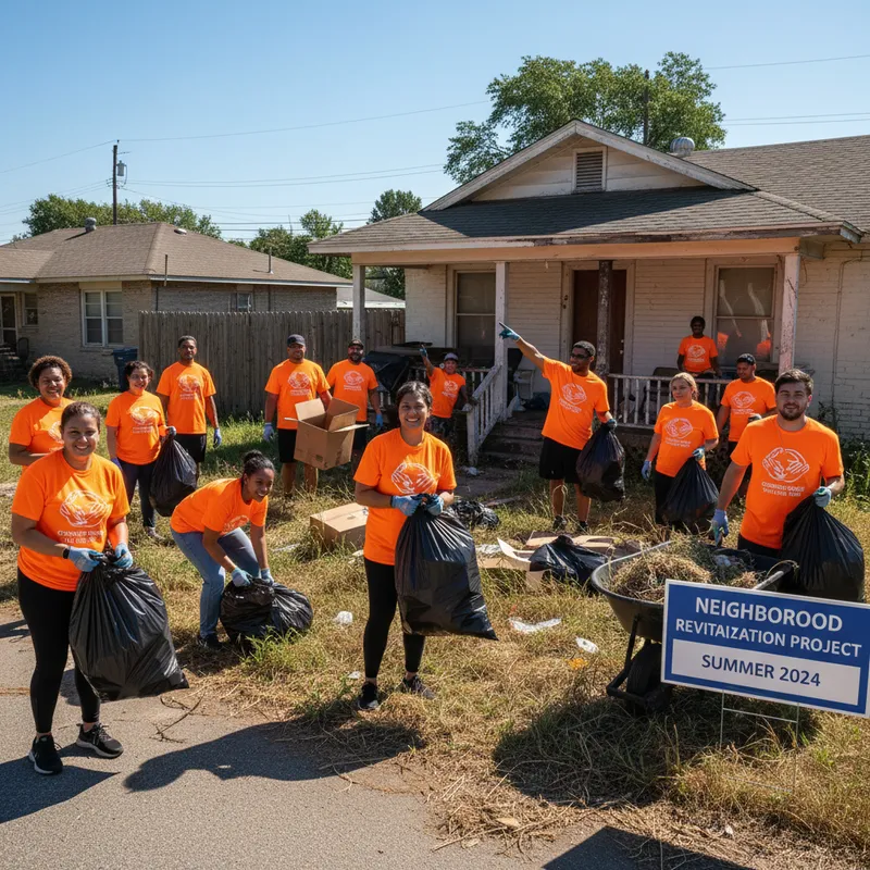 Community volunteers helping clean up a residential property together